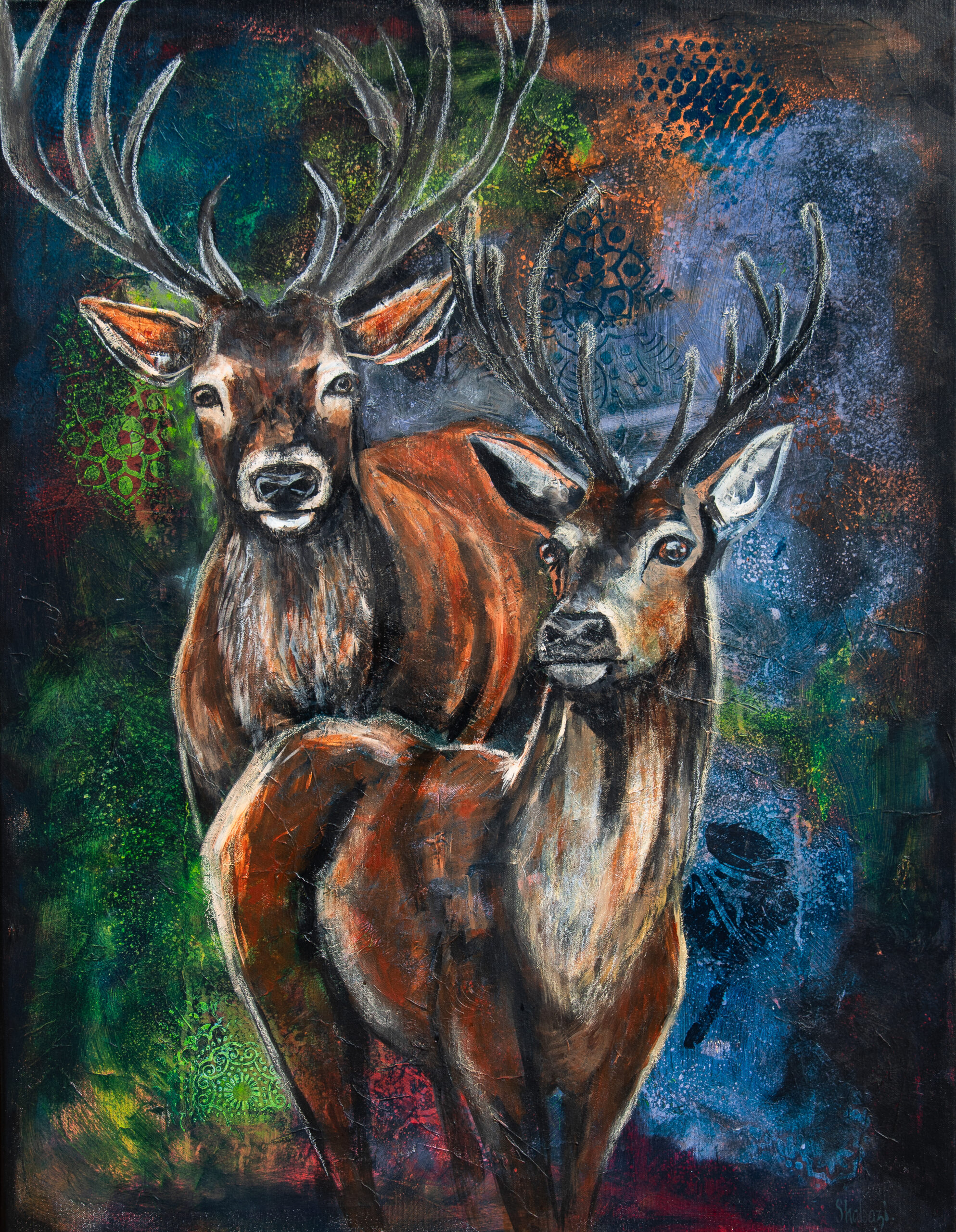 Mellom skyggene - Maleri av natur og dyr malt av Shabazi - Akrylmaleri på bomullslerret  90 x 70 cm Kvalitet - Stort bilde hjort