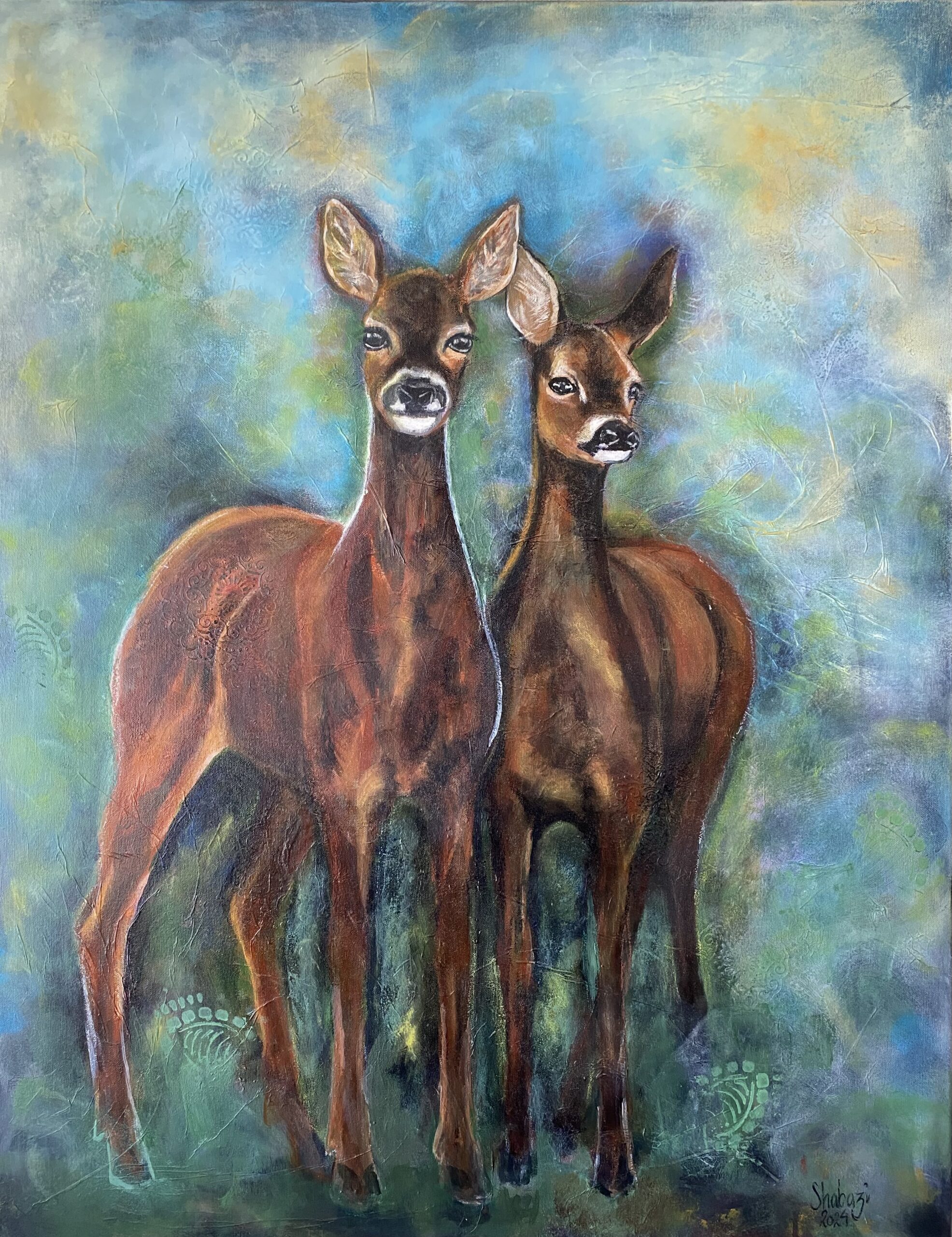 "Stille nysgjerrighet vaktsom ro" et maleri av dyr malt av Shabazi. 90 x 70 cm  Kvalitet deep edge lerret. rådyr 