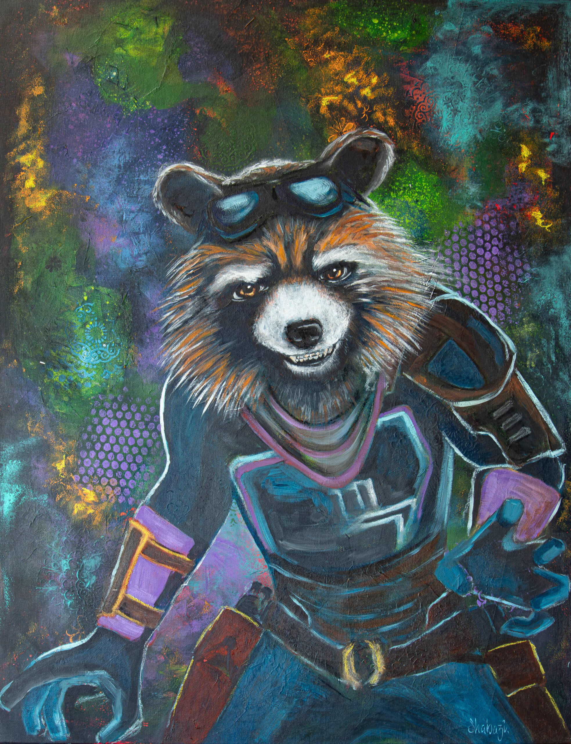 Nebula et maleri malt av shabazi akryl og pastellpigmenter på lerret cyberpunk eller pop-art Rocket fra Guardians of the galaxy tegneseriefigur planetariske tåker eller refleksjonståker fargerike malerier atelier shsbazi
