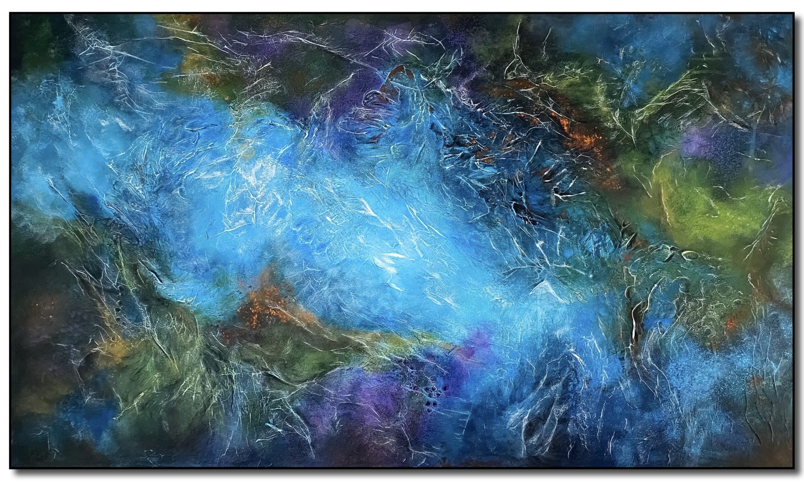 Blå puls et bilde malt av Shabazi med akryl på lerret abstrakt maleri et levende samspill av lys og materie teksturpasta på et raust lerret som måler 120 x 70 cm fanger blikket umiddelbart med sin dynamiske energi og taktile overflate kunstneren har brukt matrialene for å skape et verk som både er visuellt slående og inviterer til nærmere undersøkelse og betrakning