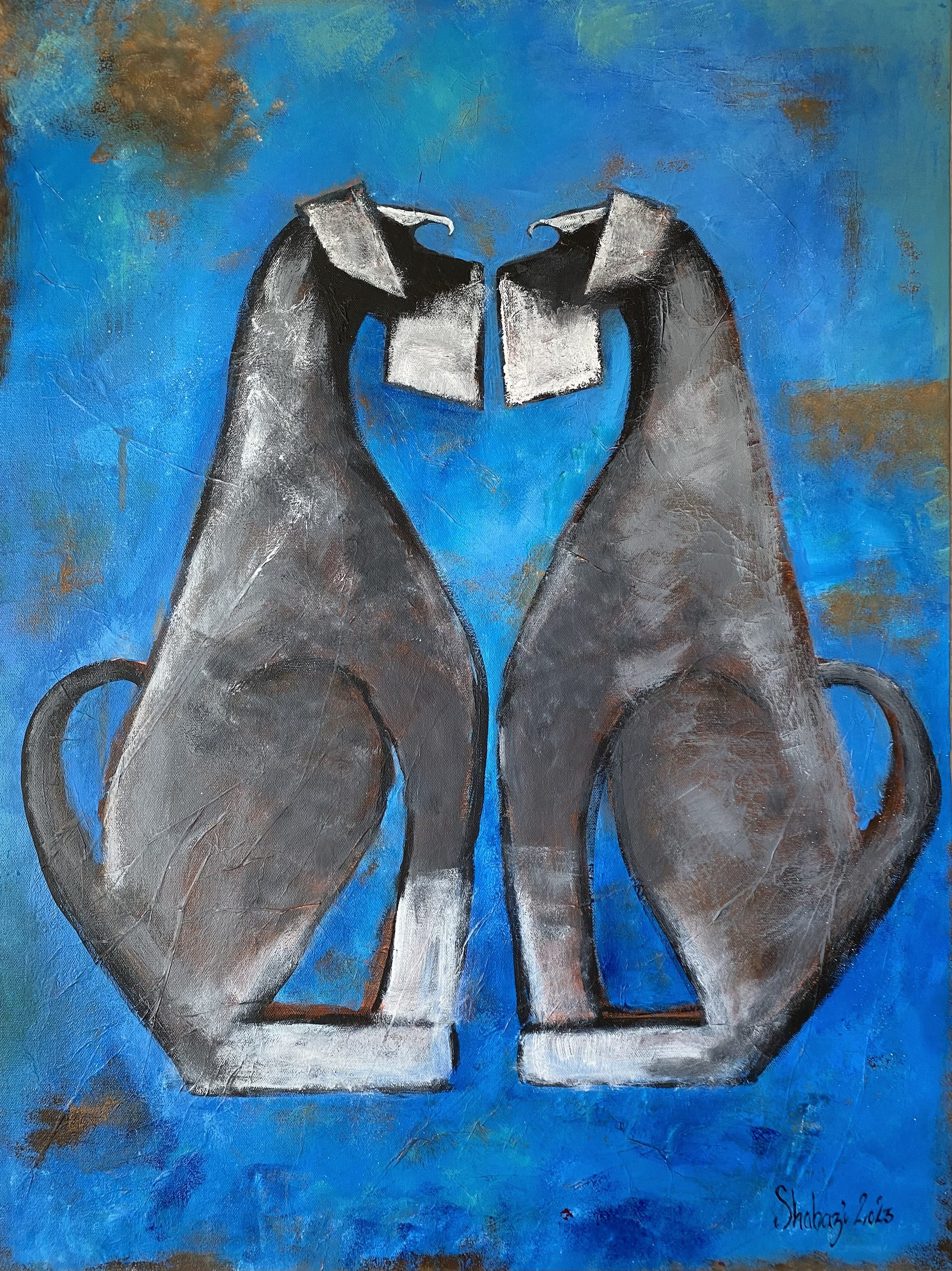 Terrier i dialog - akrylmaling på bomullslerret malt av Shabazi . Fargerike malerier inspirert av natur og dyreliv . Atelier Shabazi original kunst maleri .